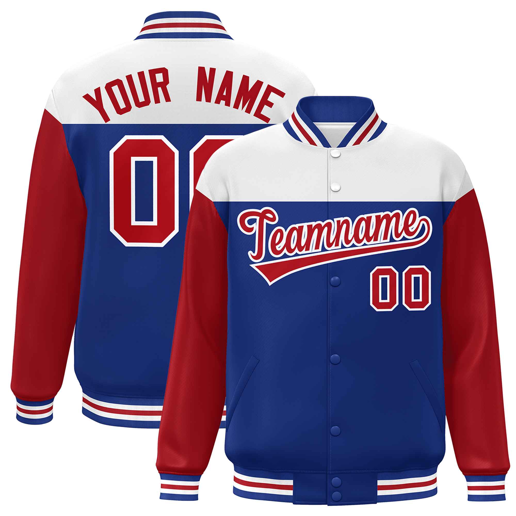 Custom White Royal-Red Letterman Color Block Varsity Full-Snap Baseball Jacket