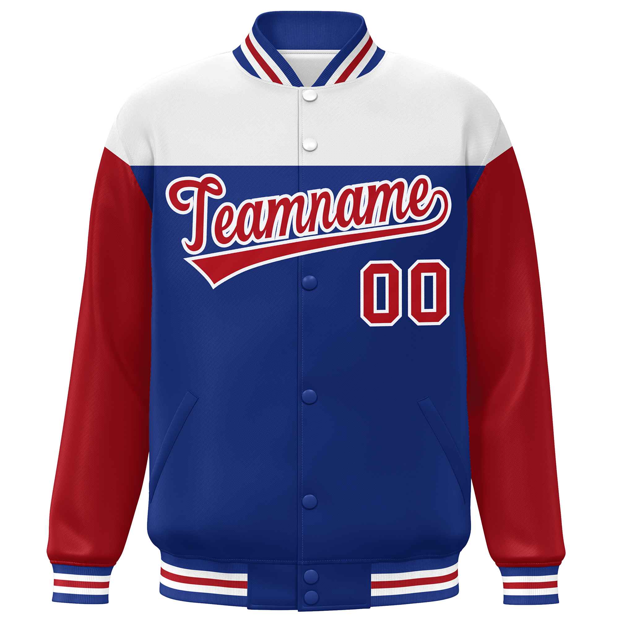 Custom White Royal-Red Letterman Color Block Varsity Full-Snap Baseball Jacket