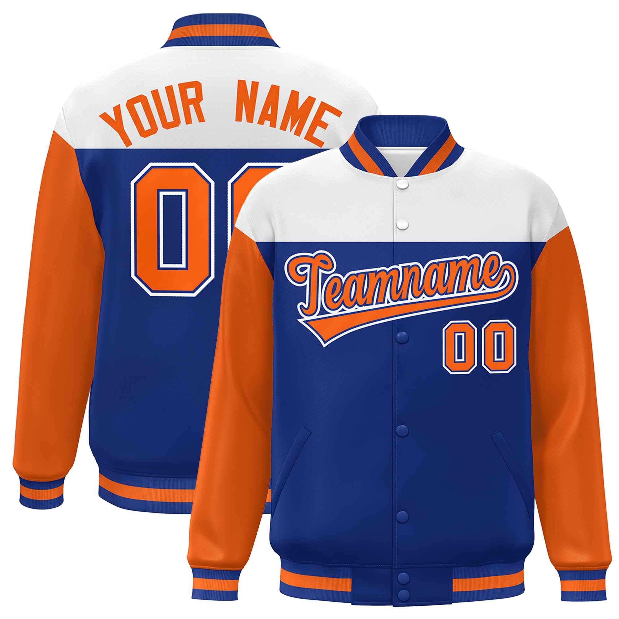 Custom White Royal-Orange Letterman Color Block Varsity Full-Snap Baseball Jacket