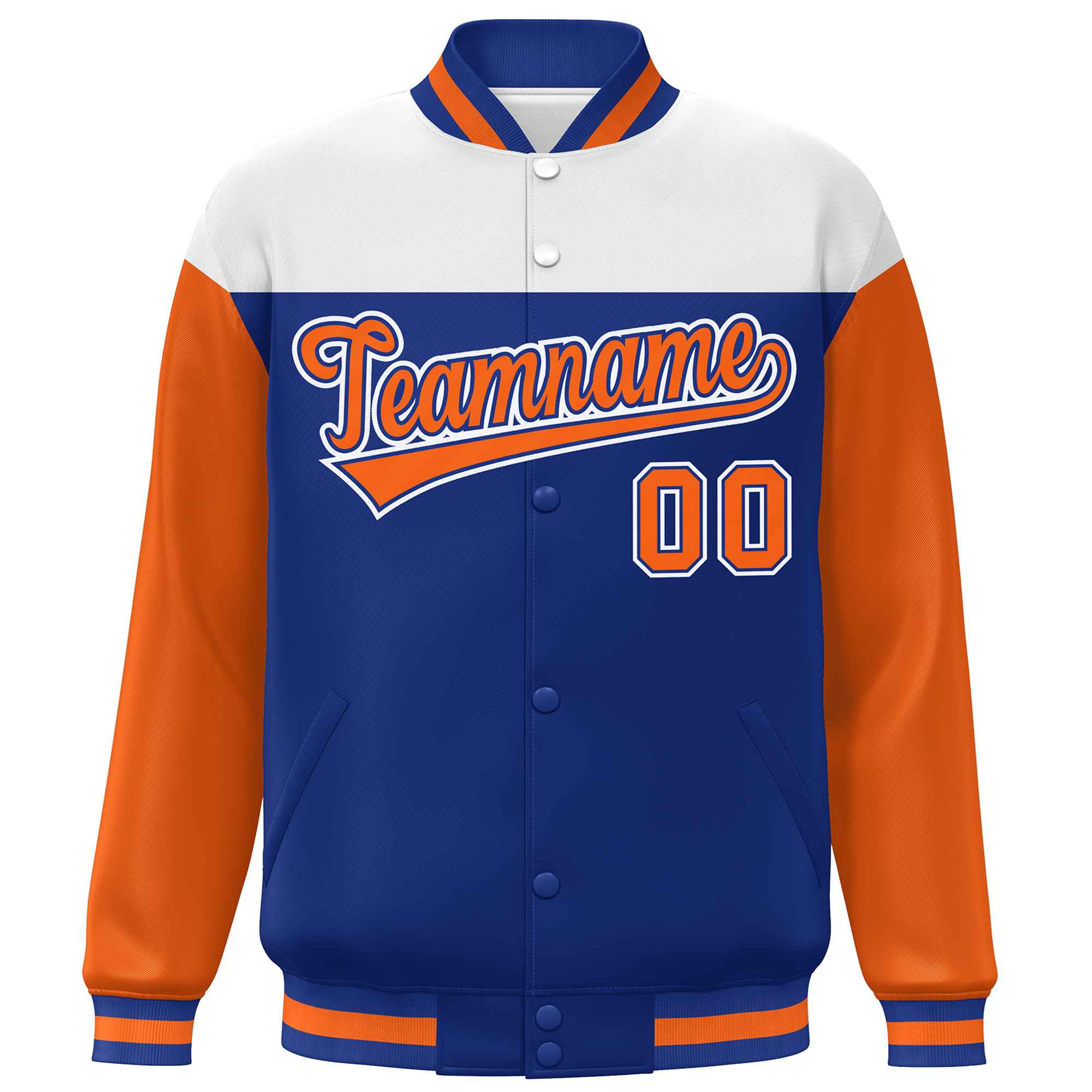 Custom White Royal-Orange Letterman Color Block Varsity Full-Snap Baseball Jacket