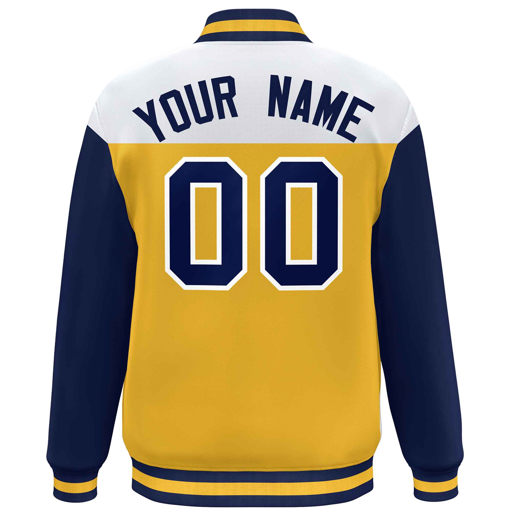 Custom White Gold-Navy Letterman Color Block Varsity Full-Snap Baseball Jacket