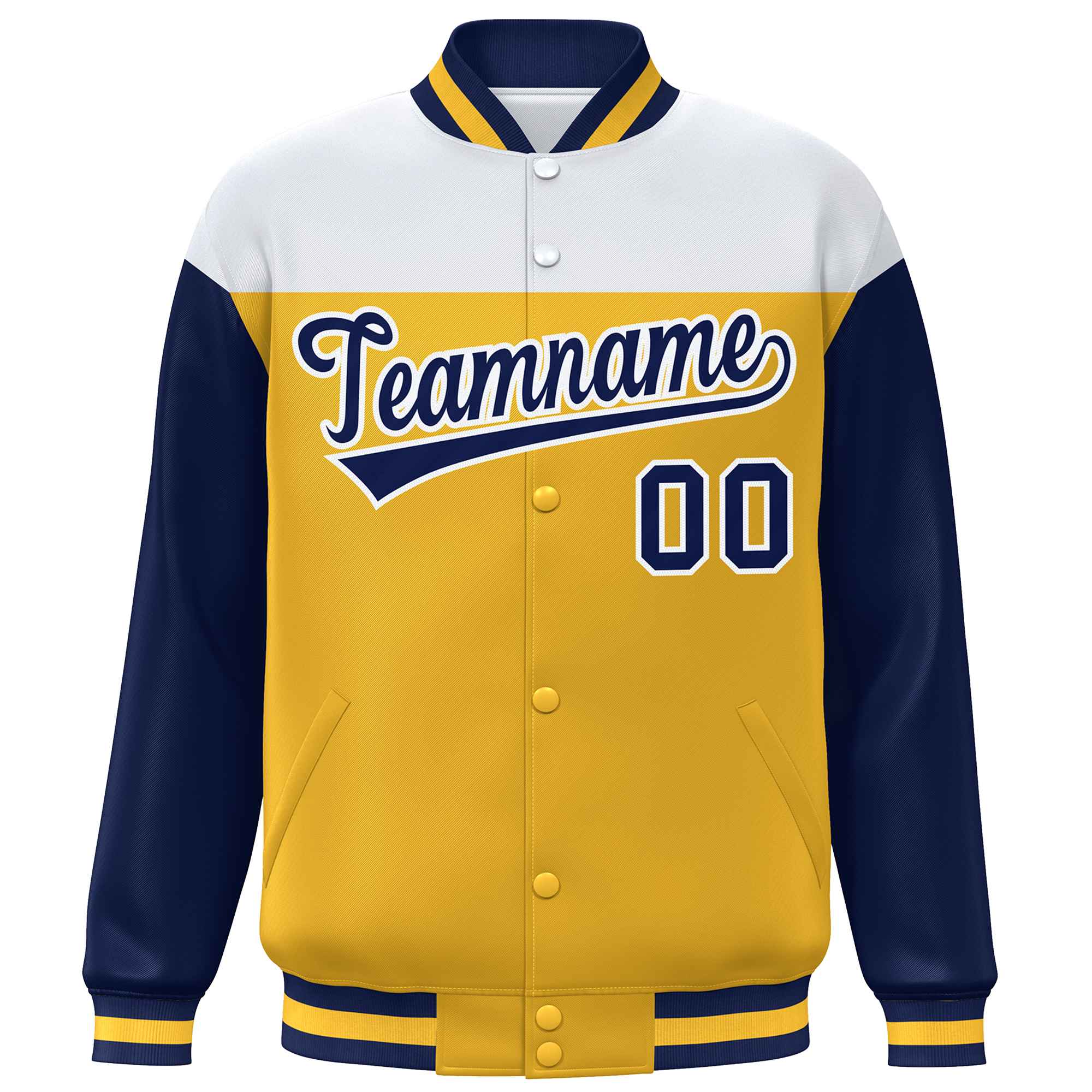 Custom White Gold-Navy Letterman Color Block Varsity Full-Snap Baseball Jacket