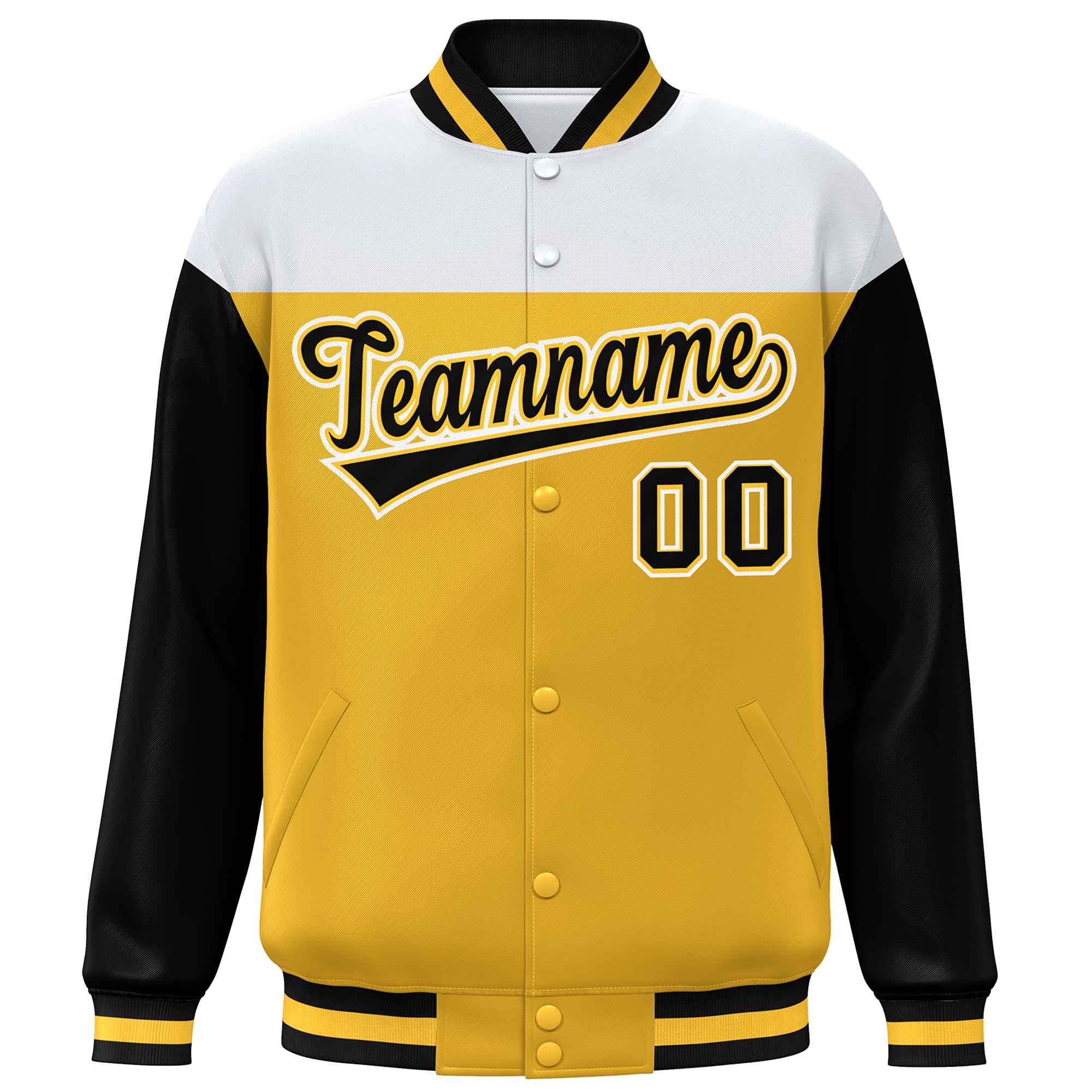 Custom White Gold-Black Letterman Color Block Varsity Full-Snap Baseball Jacket