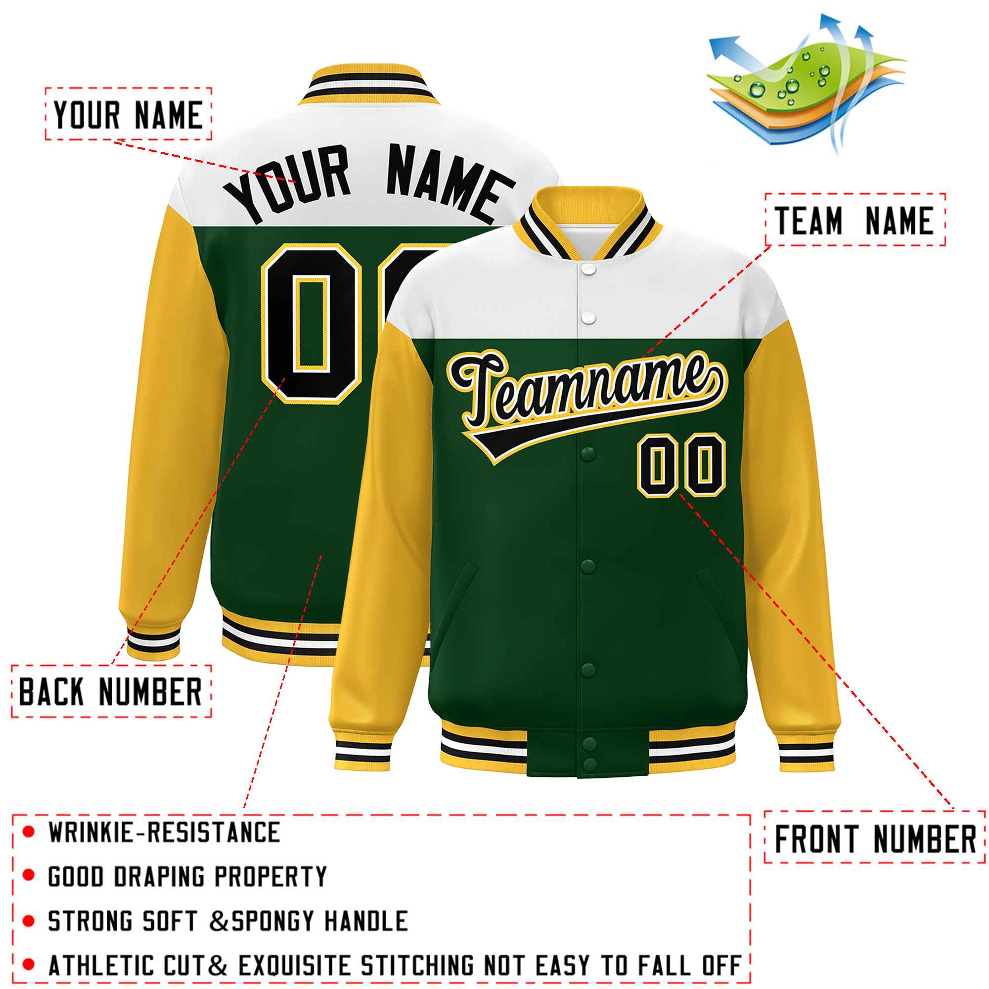 Custom White Green-Gold Letterman Color Block Varsity Full-Snap Baseball Jacket