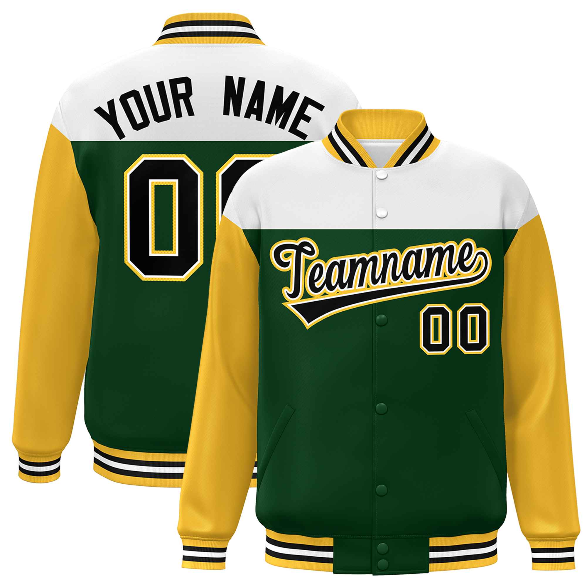 Custom White Green-Gold Letterman Color Block Varsity Full-Snap Baseball Jacket