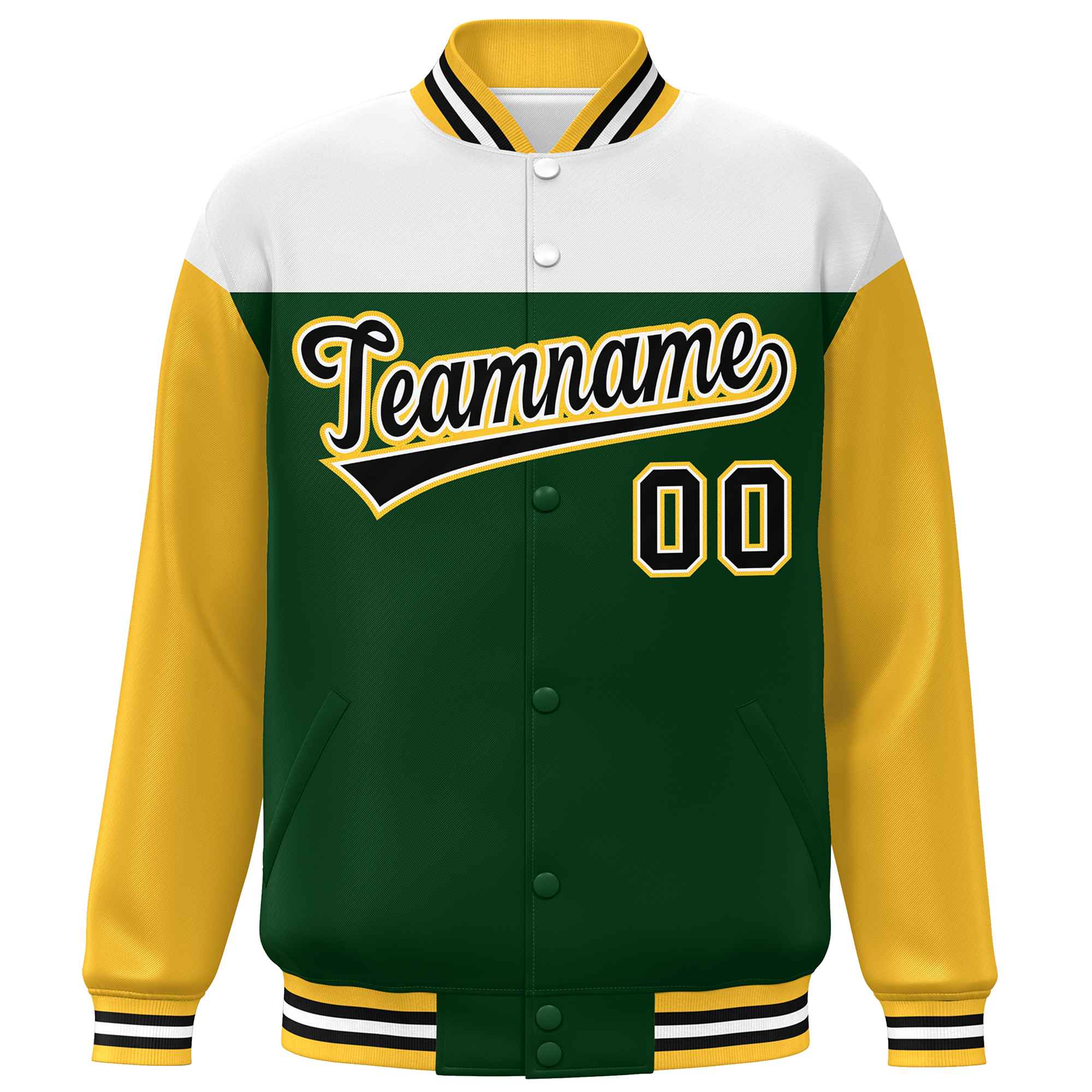 Custom White Green-Gold Letterman Color Block Varsity Full-Snap Baseball Jacket