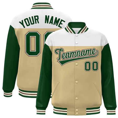 Custom White Khaki-Green Letterman Color Block Varsity Full-Snap Baseball Jacket