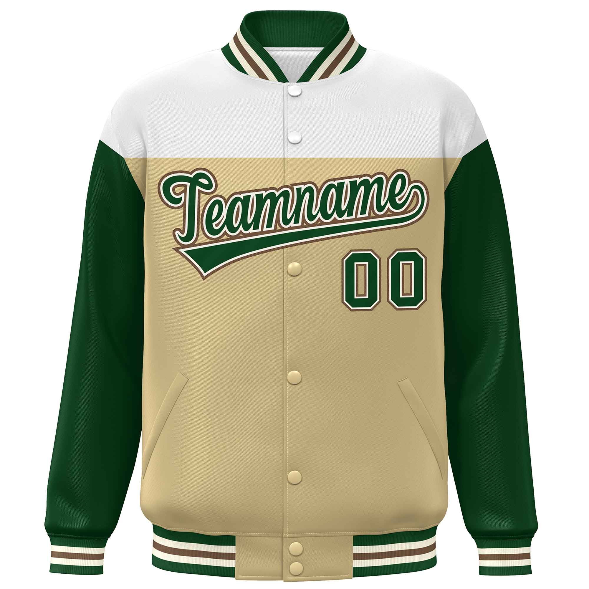 Custom White Khaki-Green Letterman Color Block Varsity Full-Snap Baseball Jacket