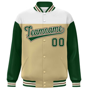 Custom White Khaki-Green Letterman Color Block Varsity Full-Snap Baseball Jacket