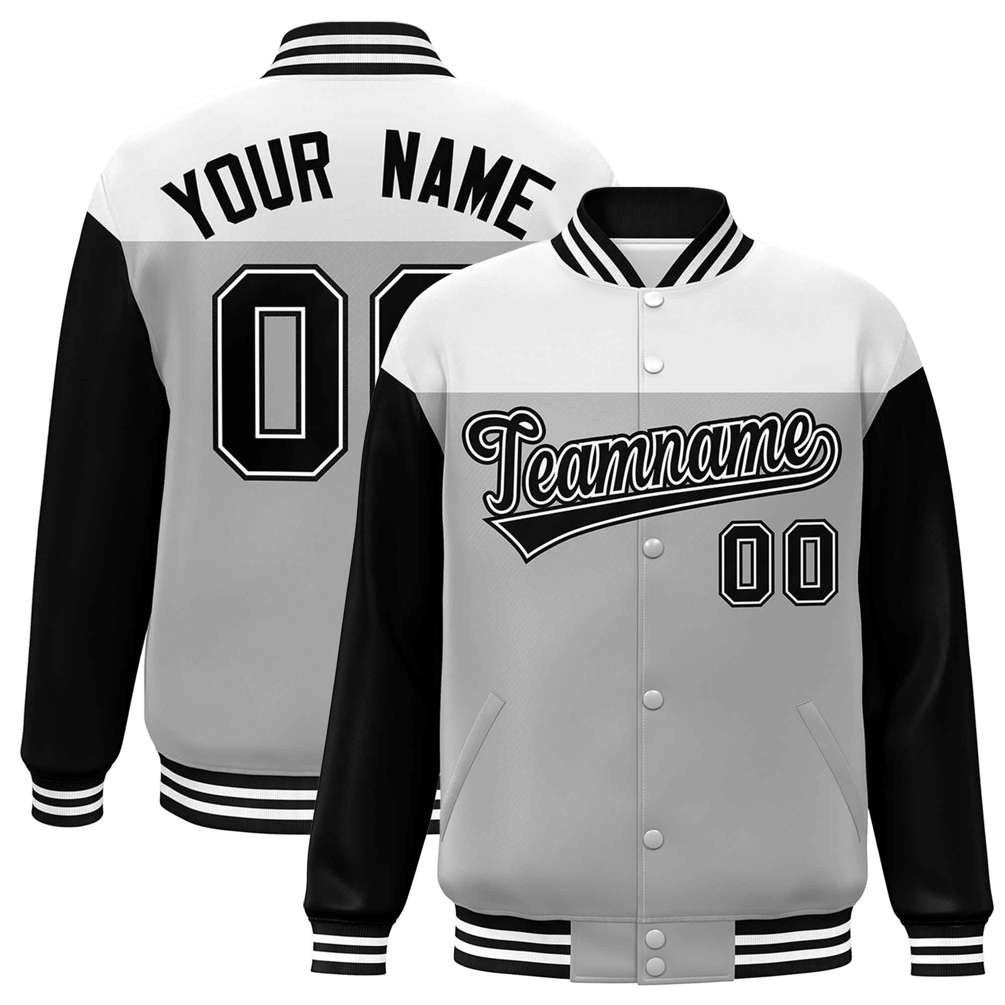 Custom White Gray-Black Letterman Color Block Varsity Full-Snap Baseball Jacket