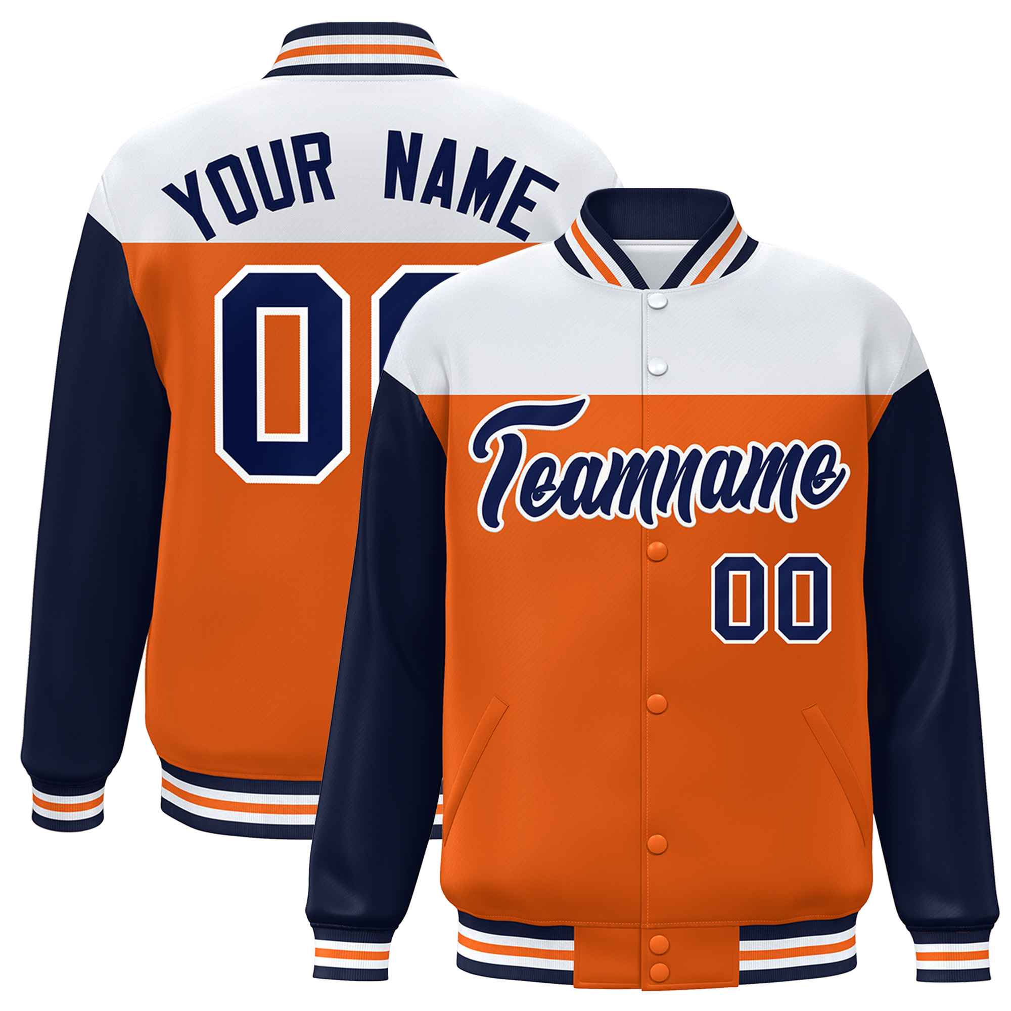 Custom White Orange-Navy Letterman Color Block Varsity Full-Snap Baseball Jacket