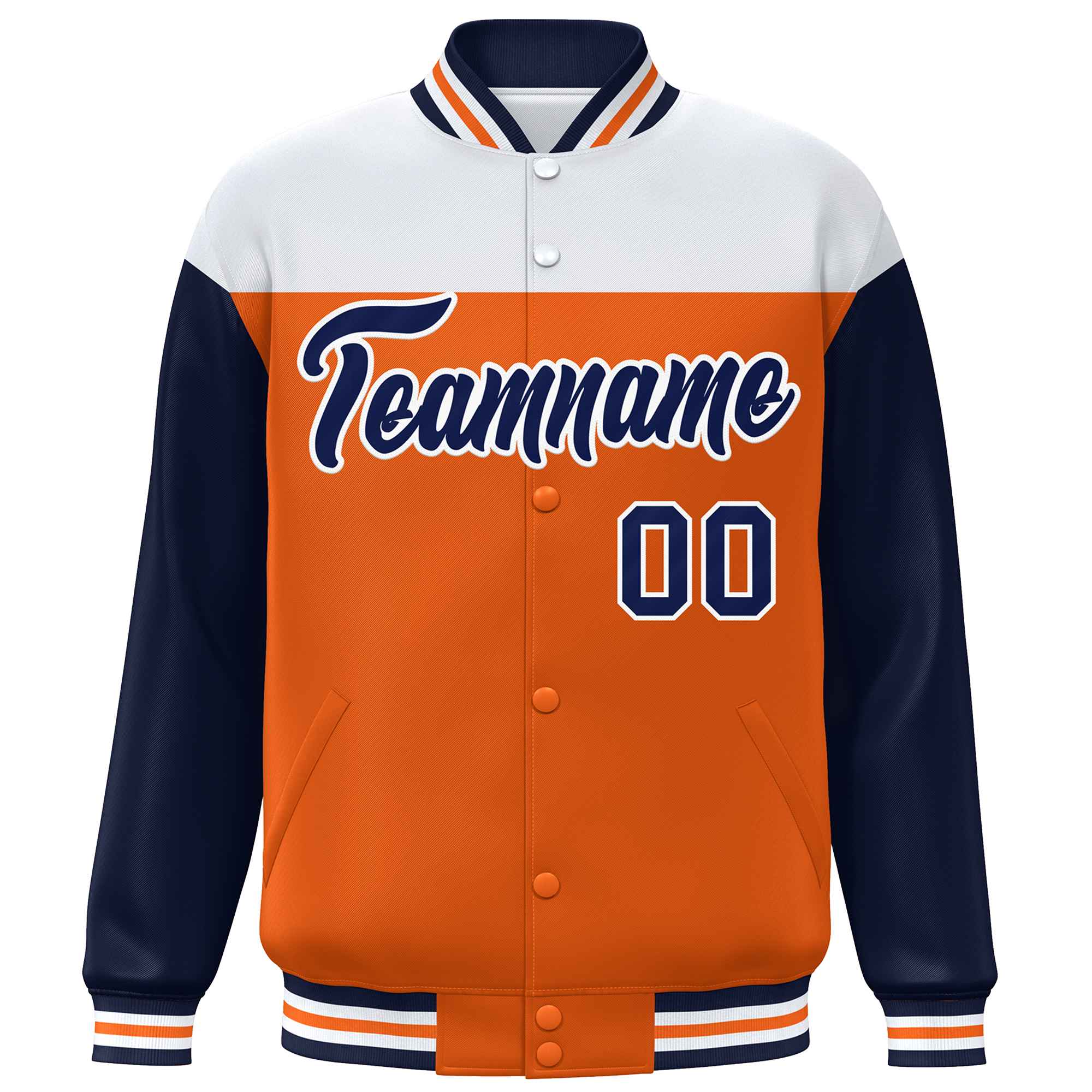 Custom White Orange-Navy Letterman Color Block Varsity Full-Snap Baseball Jacket