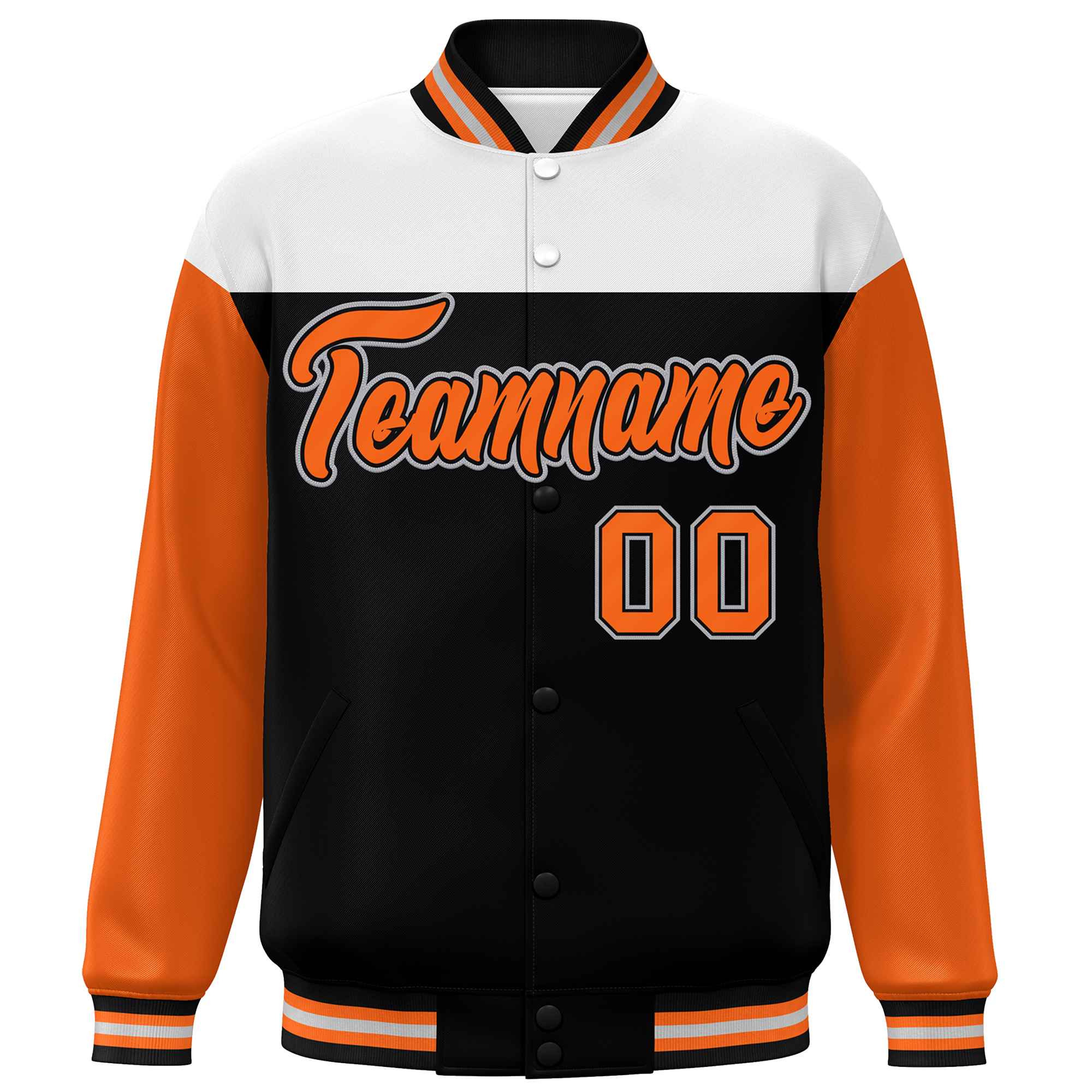 Custom White Black-Orange Letterman Color Block Varsity Full-Snap Baseball Jacket