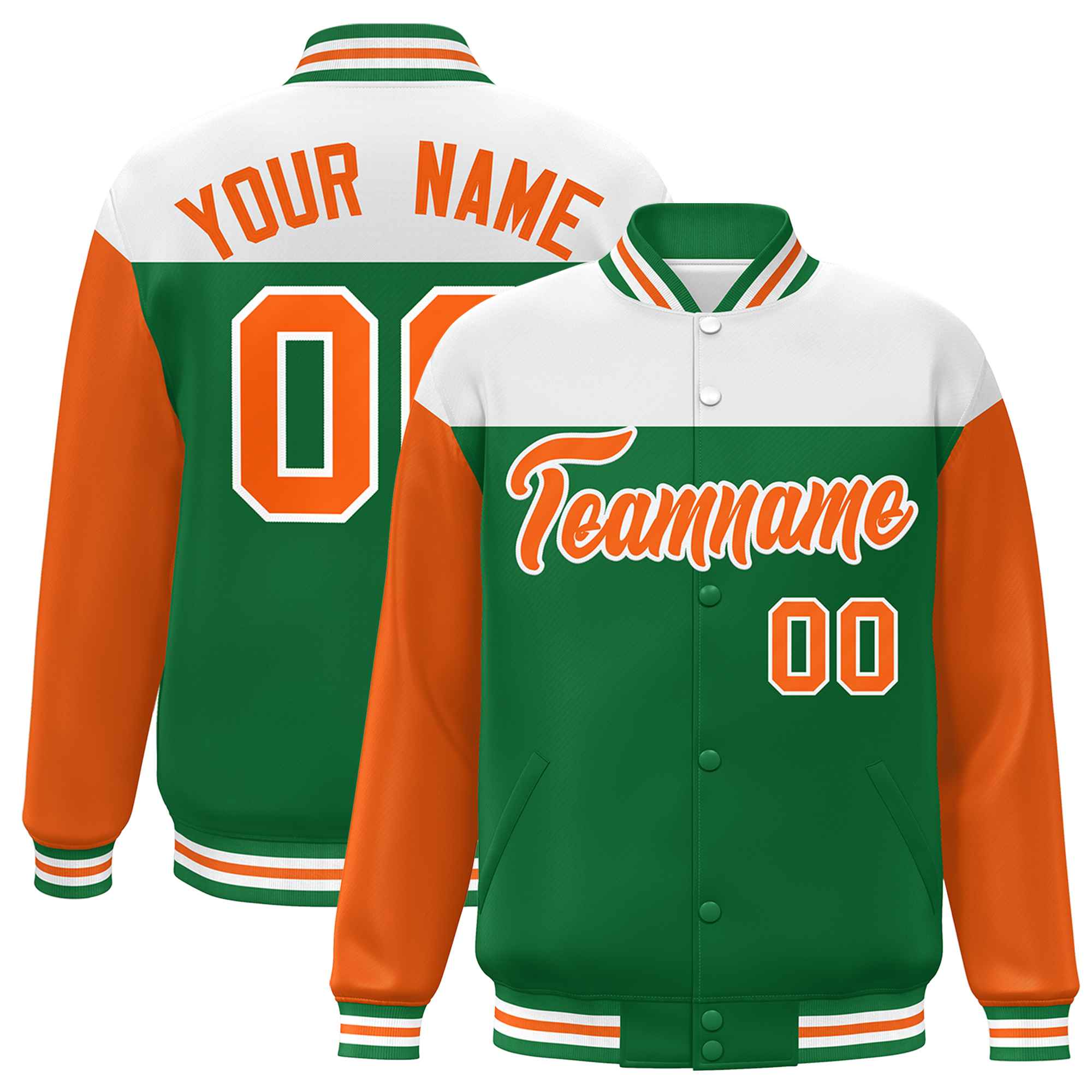 Custom White Kelly Green-Orange Letterman Color Block Varsity Full-Snap Baseball Jacket