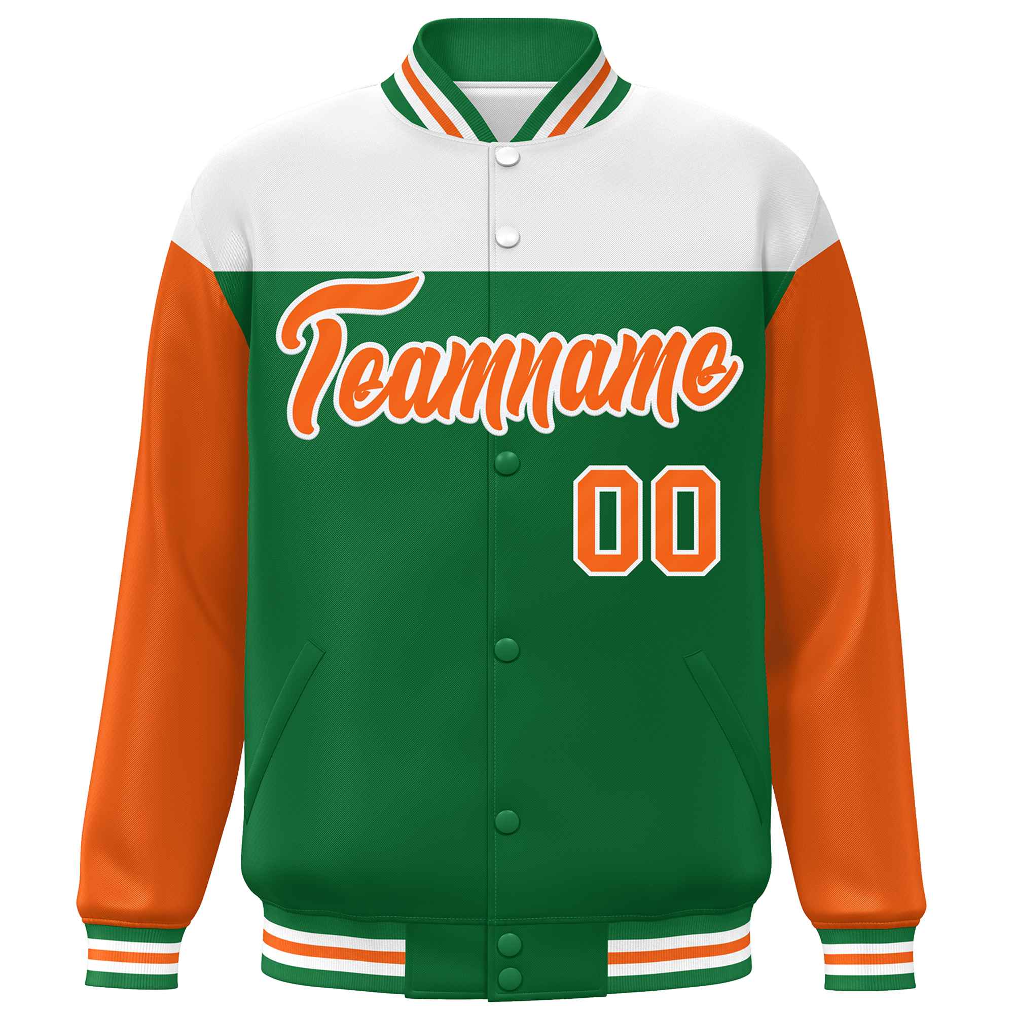 Custom White Kelly Green-Orange Letterman Color Block Varsity Full-Snap Baseball Jacket