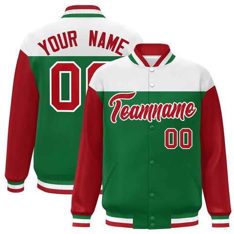Custom White Kelly Green-Red Letterman Color Block Varsity Full-Snap Baseball Jacket