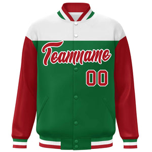 Custom White Kelly Green-Red Letterman Color Block Varsity Full-Snap Baseball Jacket