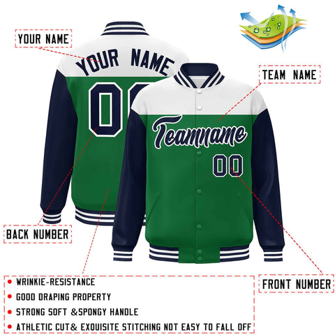 Custom White Kelly Green-Navy Letterman Color Block Varsity Full-Snap Baseball Jacket