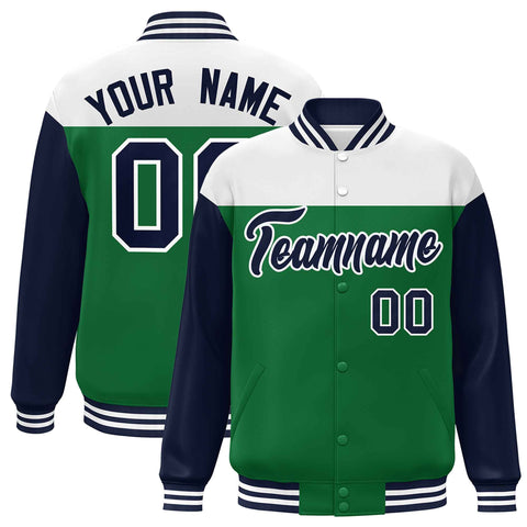 Custom White Kelly Green-Navy Letterman Color Block Varsity Full-Snap Baseball Jacket