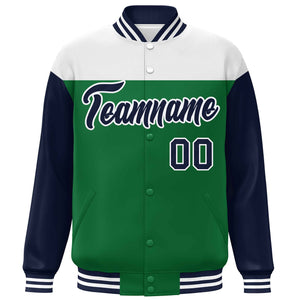 Custom White Kelly Green-Navy Letterman Color Block Varsity Full-Snap Baseball Jacket