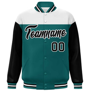 Custom White Aqua-Black Letterman Color Block Varsity Full-Snap Baseball Jacket