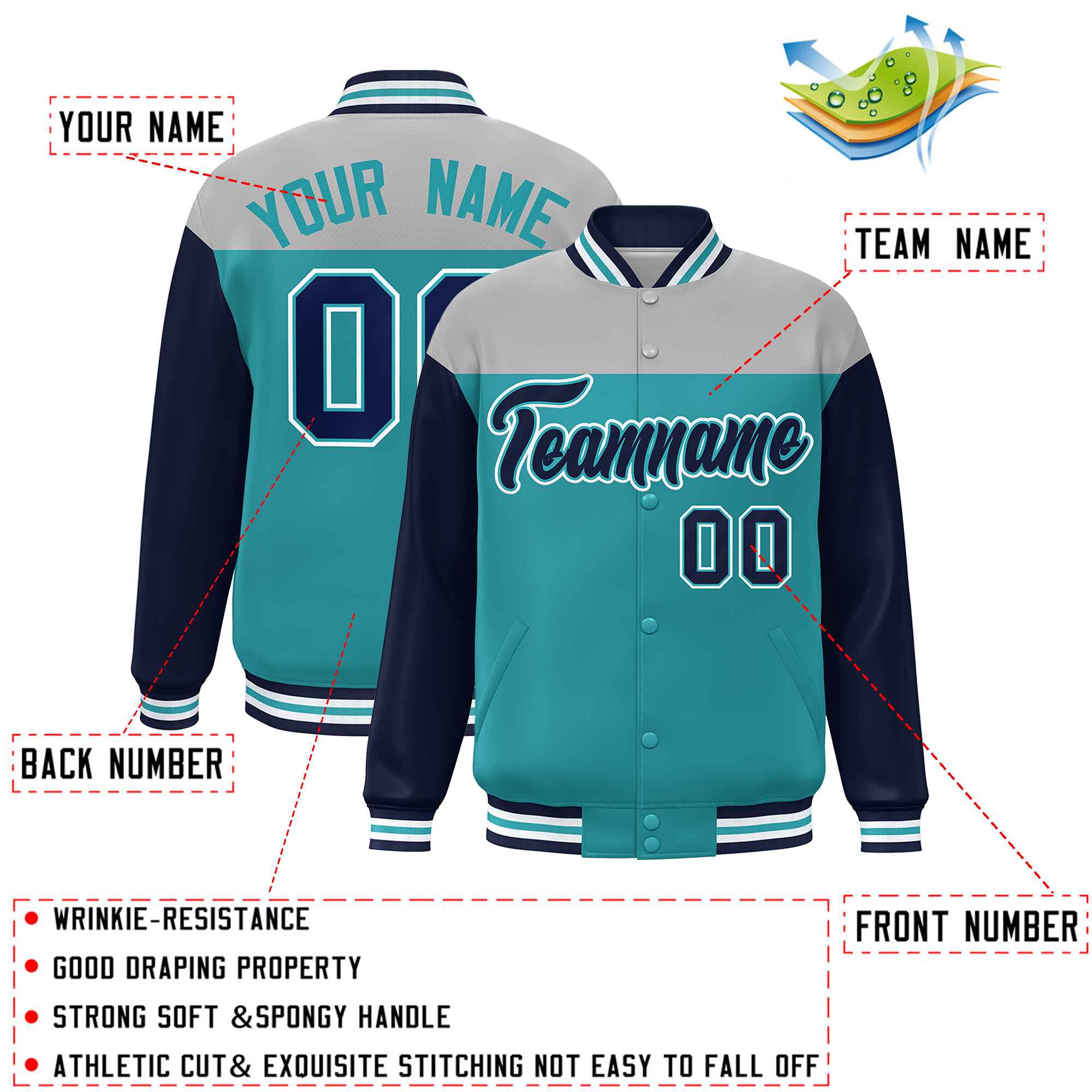 Custom Gray Aqua-Navy Letterman Color Block Varsity Full-Snap Baseball Jacket