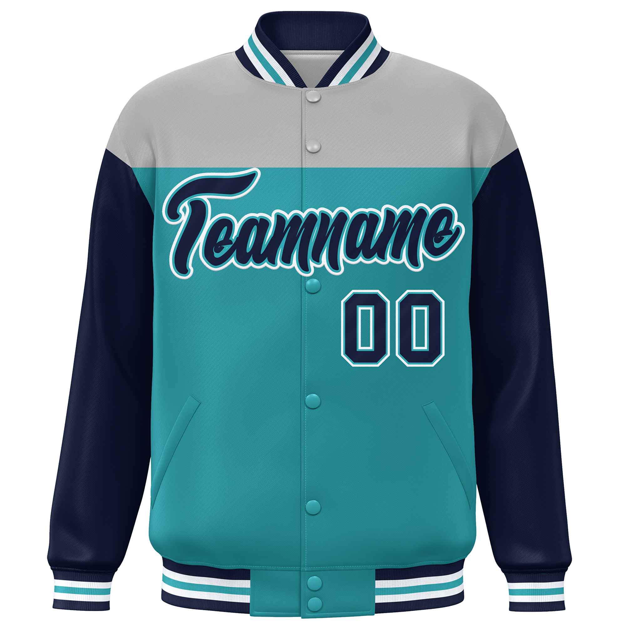 Custom Gray Aqua-Navy Letterman Color Block Varsity Full-Snap Baseball Jacket