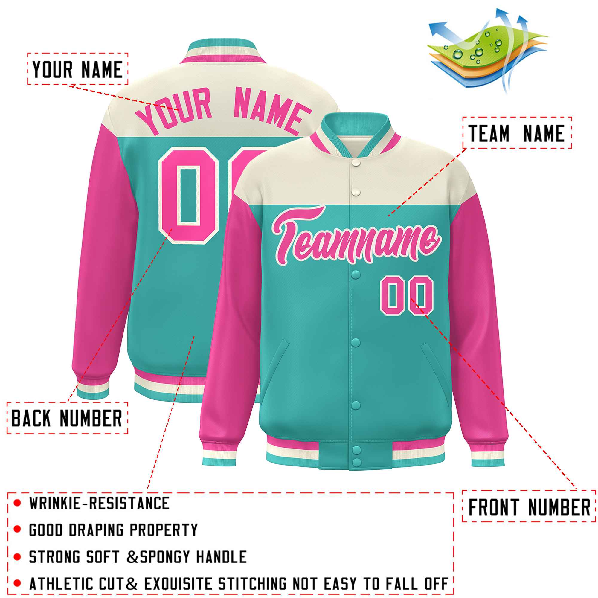 Custom Cream Aqua-Pink Letterman Color Block Varsity Full-Snap Baseball Jacket