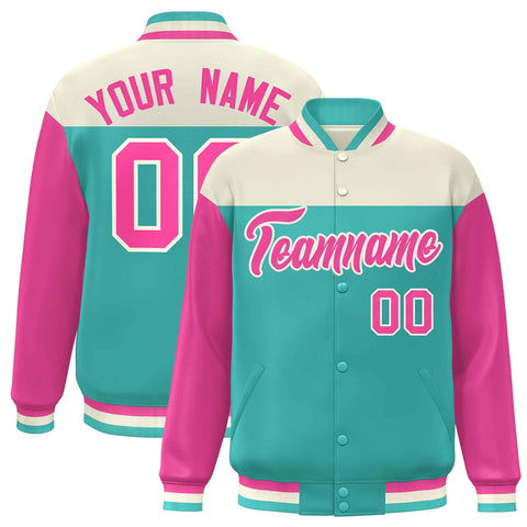 Custom Cream Aqua-Pink Letterman Color Block Varsity Full-Snap Baseball Jacket
