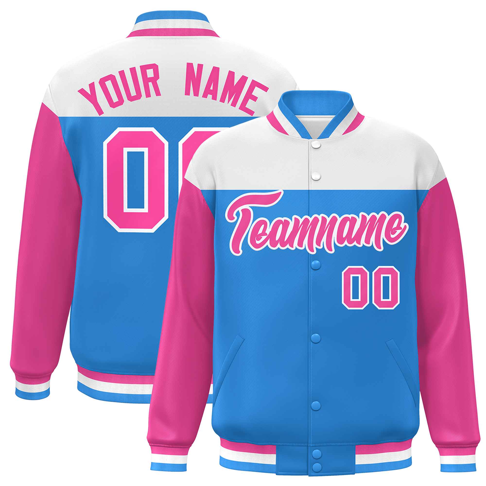 Custom White Powder Blue-Pink Letterman Color Block Varsity Full-Snap Baseball Jacket