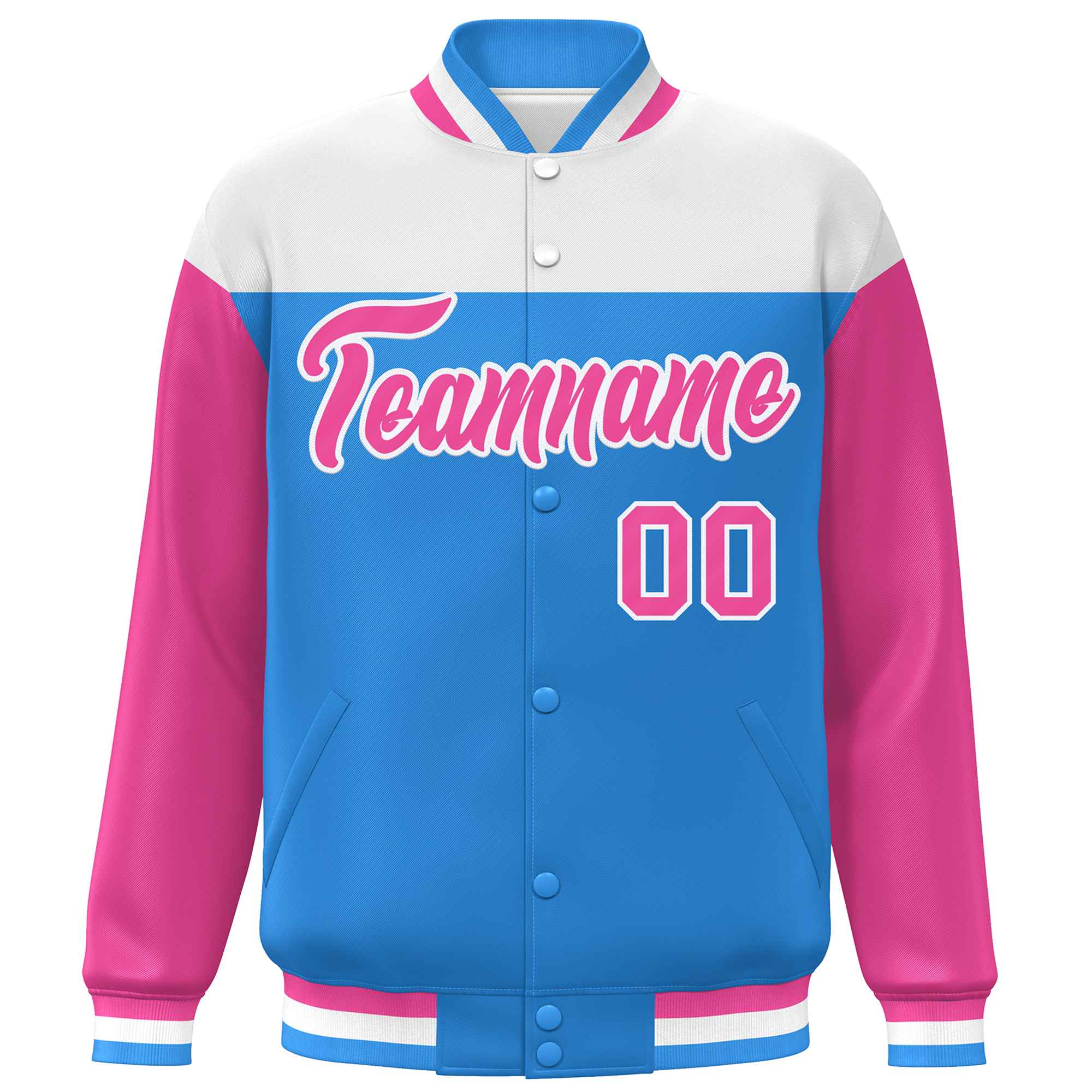 Custom White Powder Blue-Pink Letterman Color Block Varsity Full-Snap Baseball Jacket