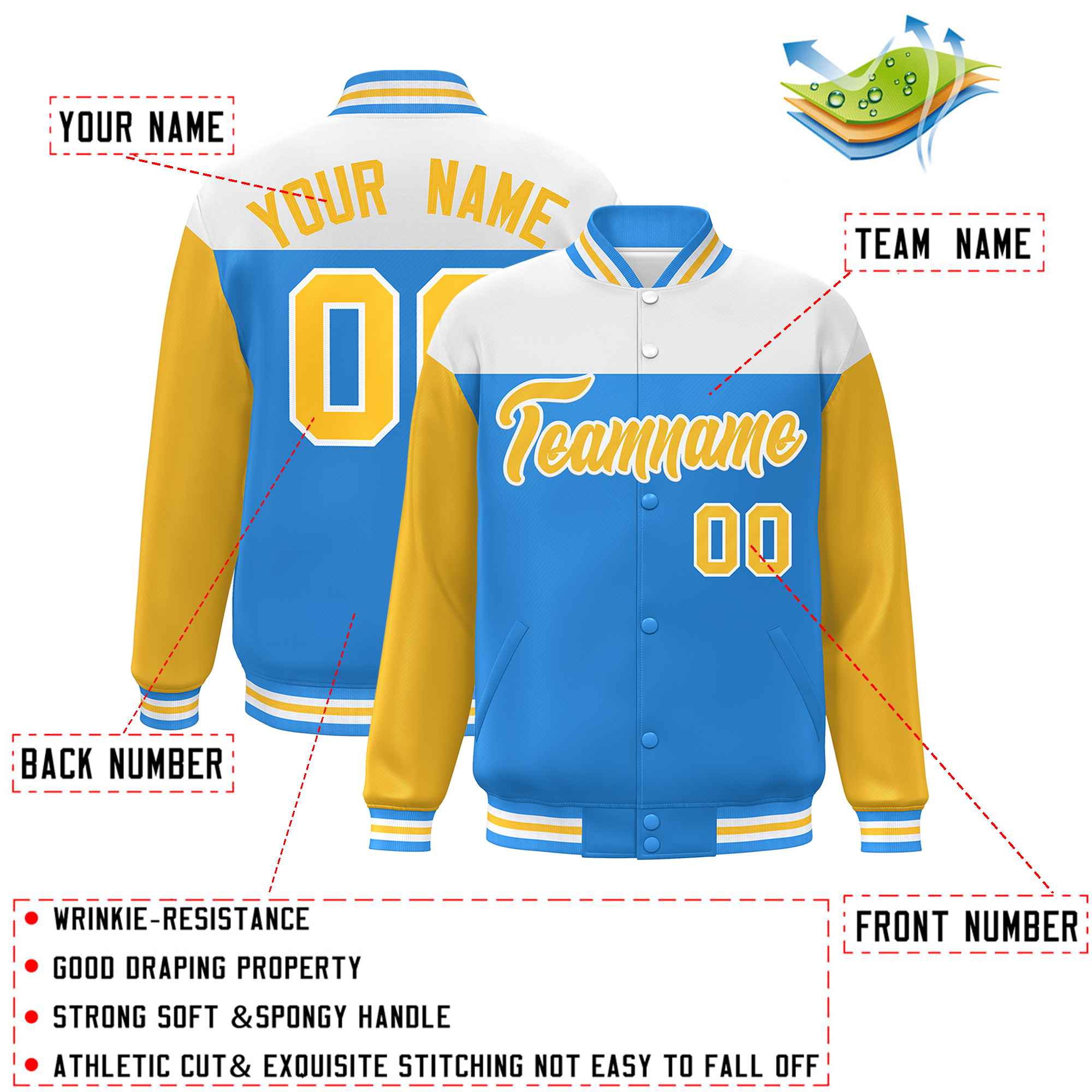 Custom White Powder Blue-Gold Letterman Color Block Varsity Full-Snap Baseball Jacket