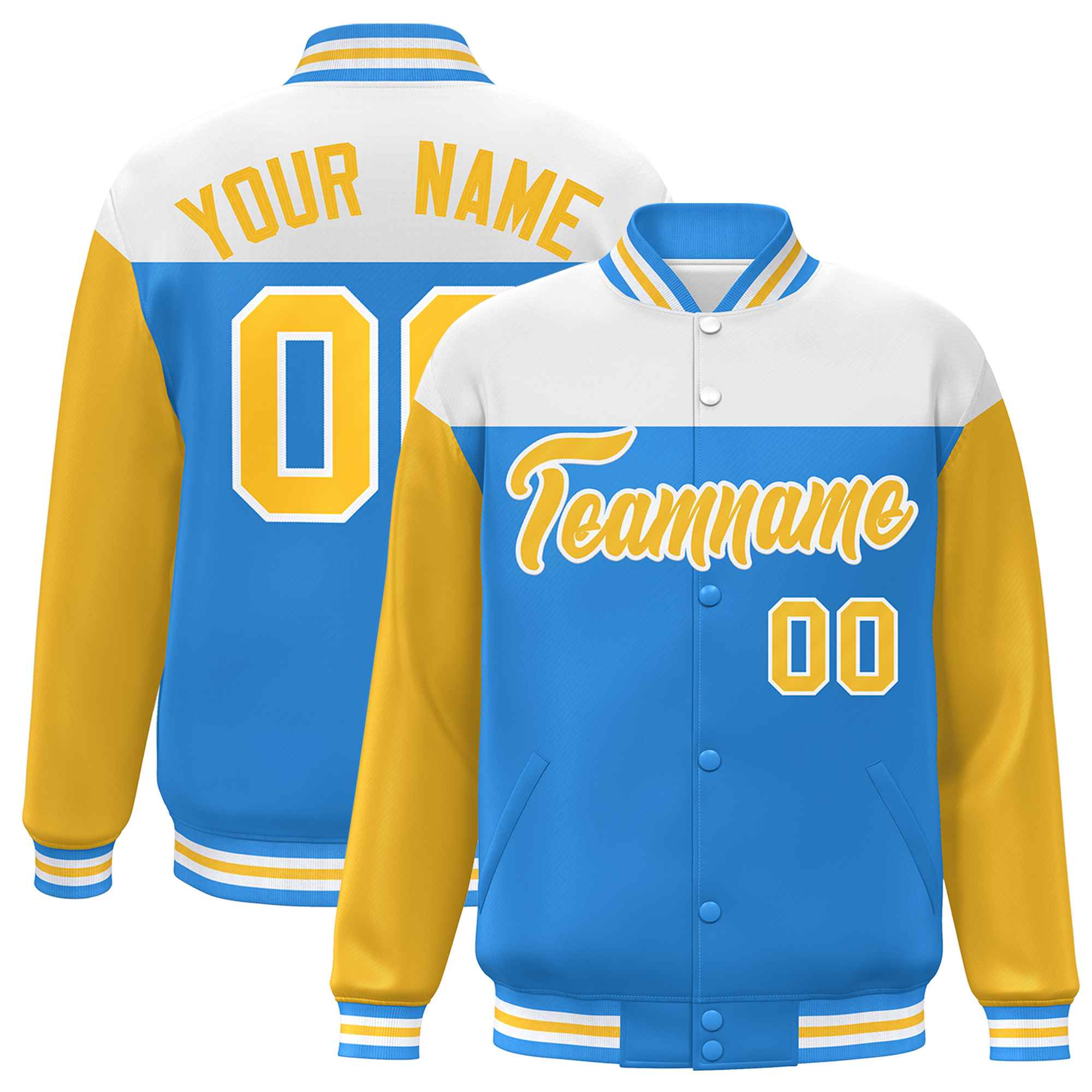 Custom White Powder Blue-Gold Letterman Color Block Varsity Full-Snap Baseball Jacket