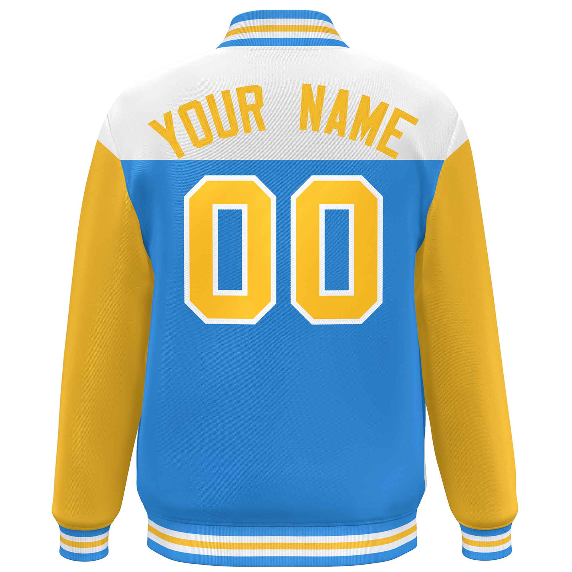 Custom White Powder Blue-Gold Letterman Color Block Varsity Full-Snap Baseball Jacket