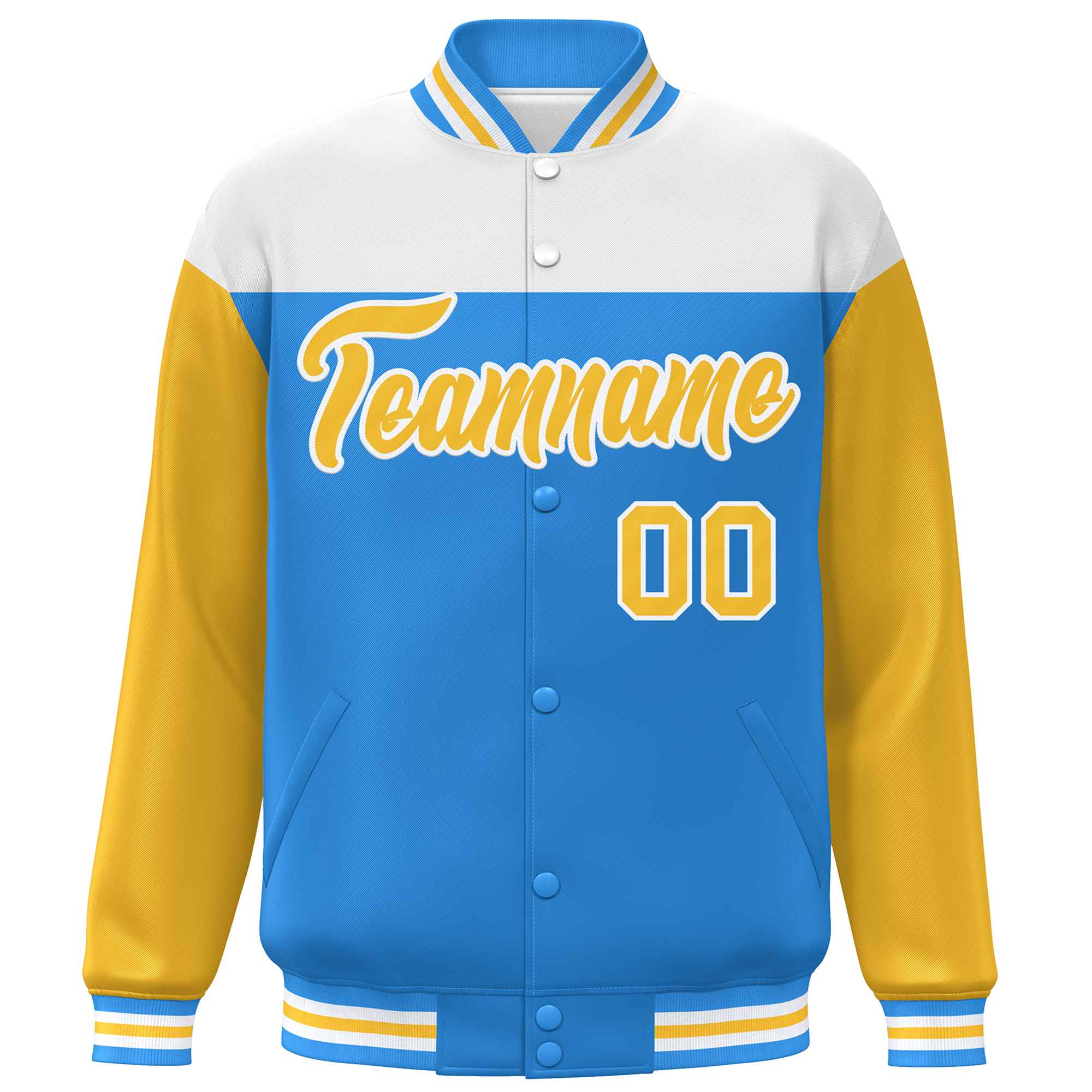 Custom White Powder Blue-Gold Letterman Color Block Varsity Full-Snap Baseball Jacket