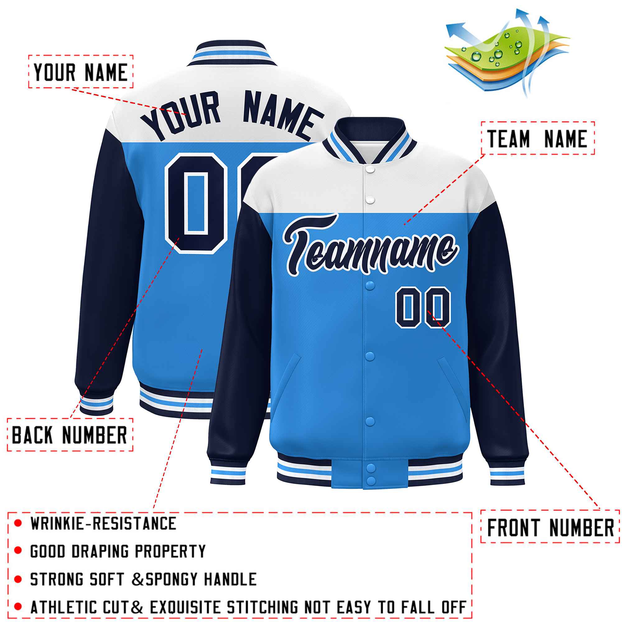 Custom White Powder Blue-Navy Letterman Color Block Varsity Full-Snap Baseball Jacket