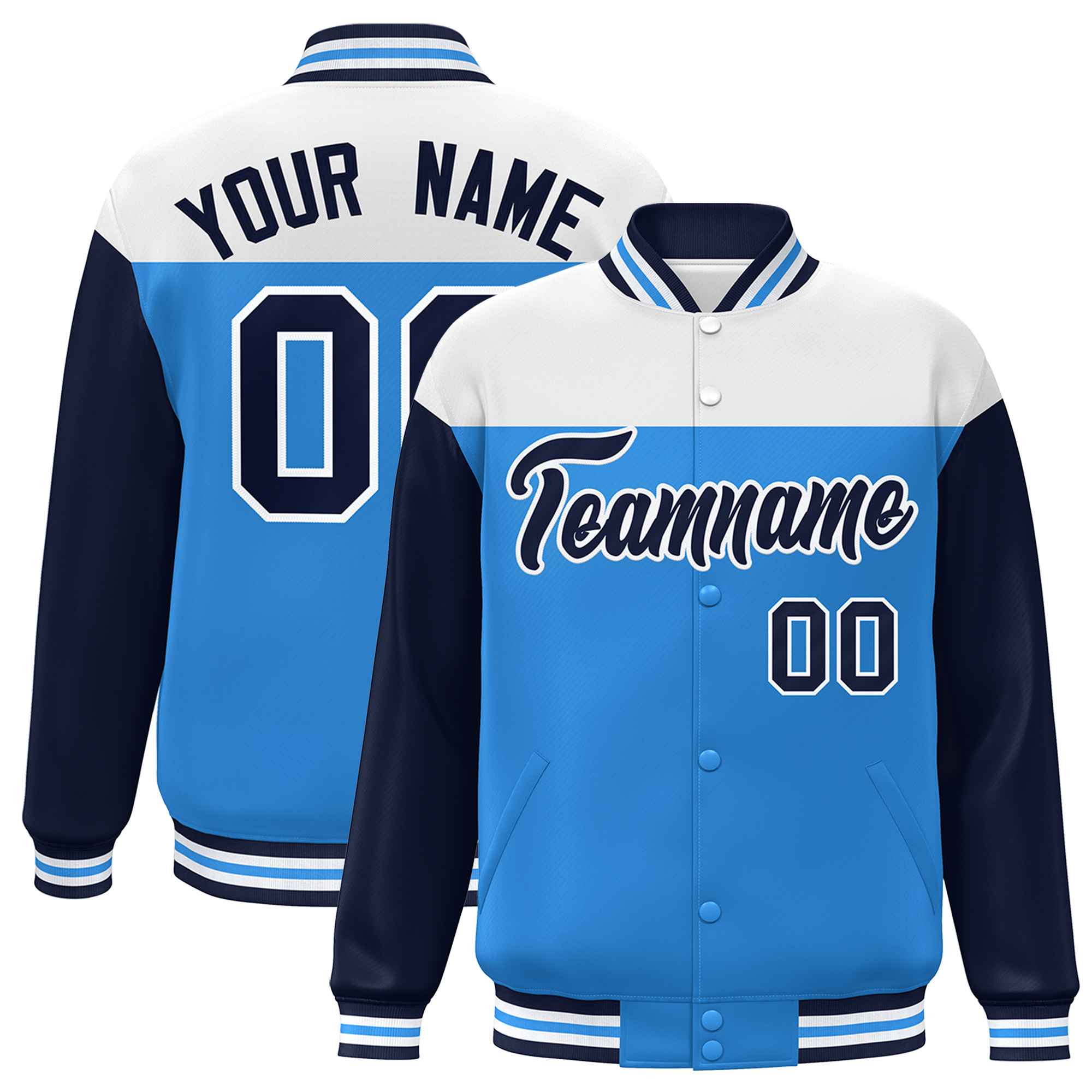 Custom White Powder Blue-Navy Letterman Color Block Varsity Full-Snap Baseball Jacket