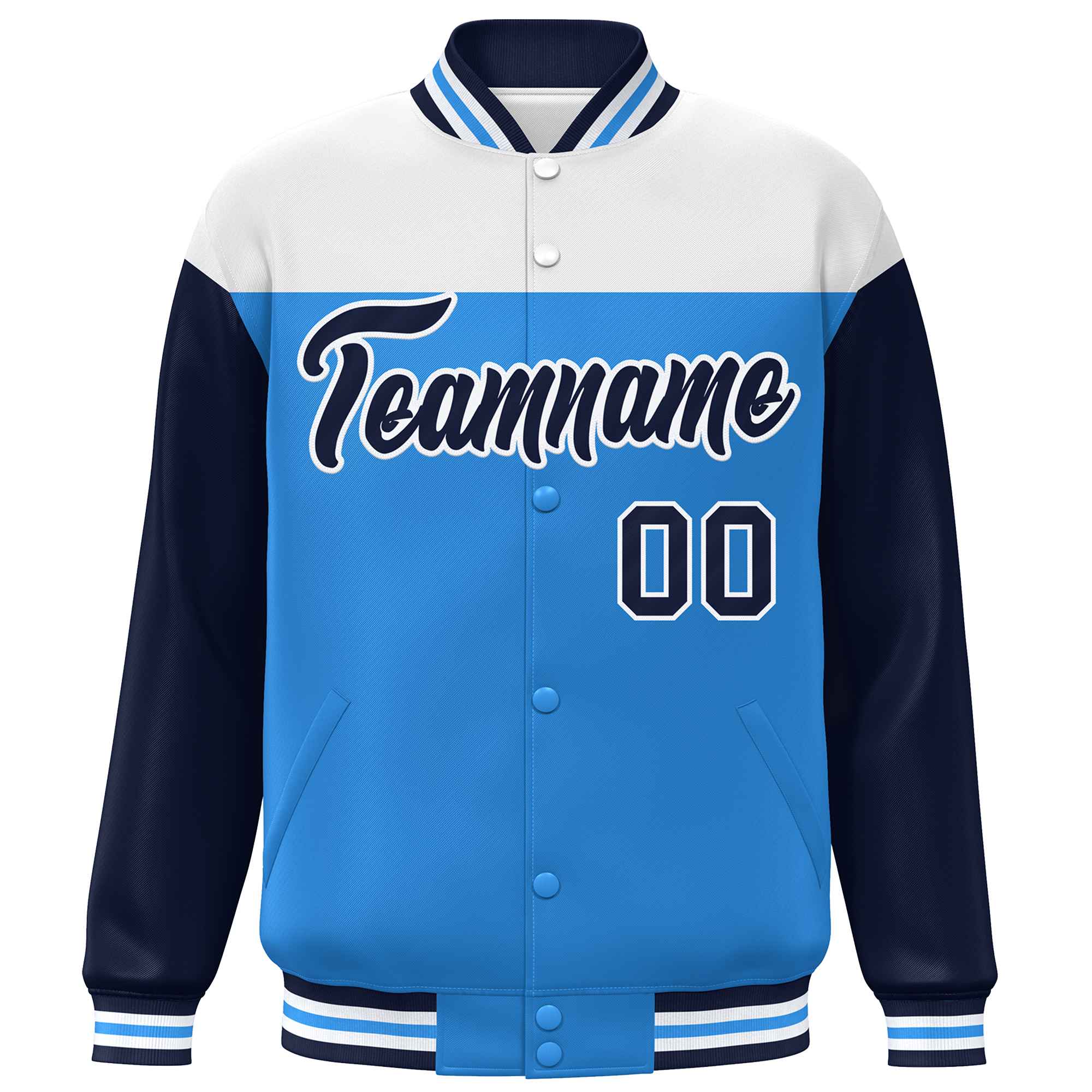 Custom White Powder Blue-Navy Letterman Color Block Varsity Full-Snap Baseball Jacket