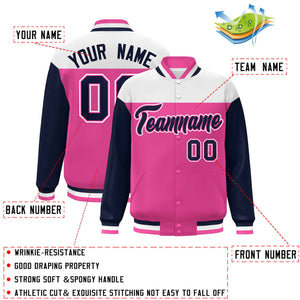 Custom White Pink-Navy Letterman Color Block Varsity Full-Snap Baseball Jacket