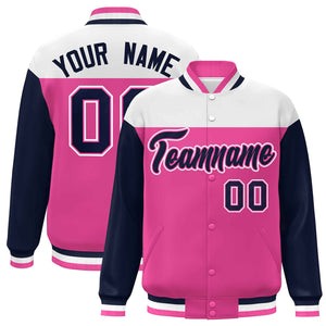 Custom White Pink-Navy Letterman Color Block Varsity Full-Snap Baseball Jacket