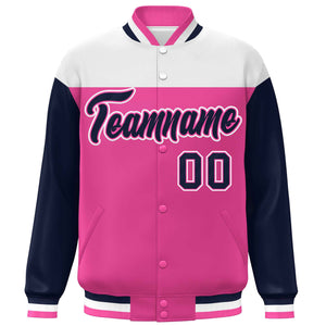 Custom White Pink-Navy Letterman Color Block Varsity Full-Snap Baseball Jacket