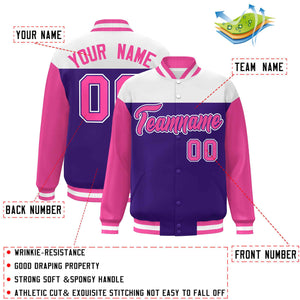 Custom White Purple-Pink Letterman Color Block Varsity Full-Snap Baseball Jacket