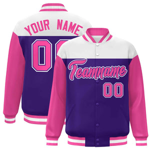 Custom White Purple-Pink Letterman Color Block Varsity Full-Snap Baseball Jacket