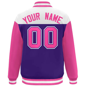 Custom White Purple-Pink Letterman Color Block Varsity Full-Snap Baseball Jacket