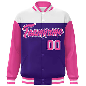 Custom White Purple-Pink Letterman Color Block Varsity Full-Snap Baseball Jacket