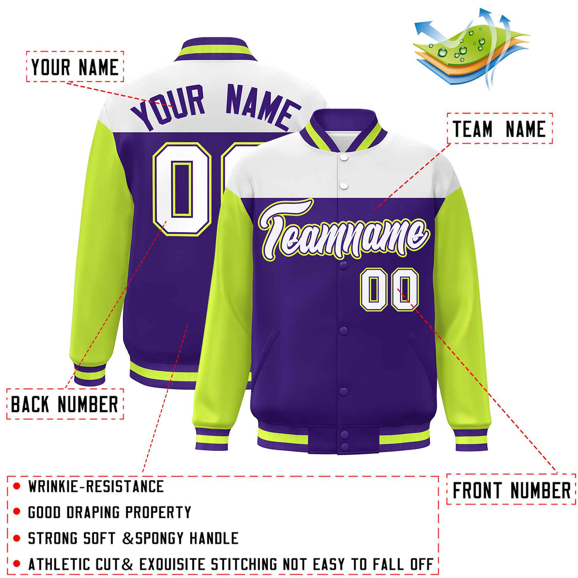 Custom White Purple-Neon Green Letterman Color Block Varsity Full-Snap Baseball Jacket