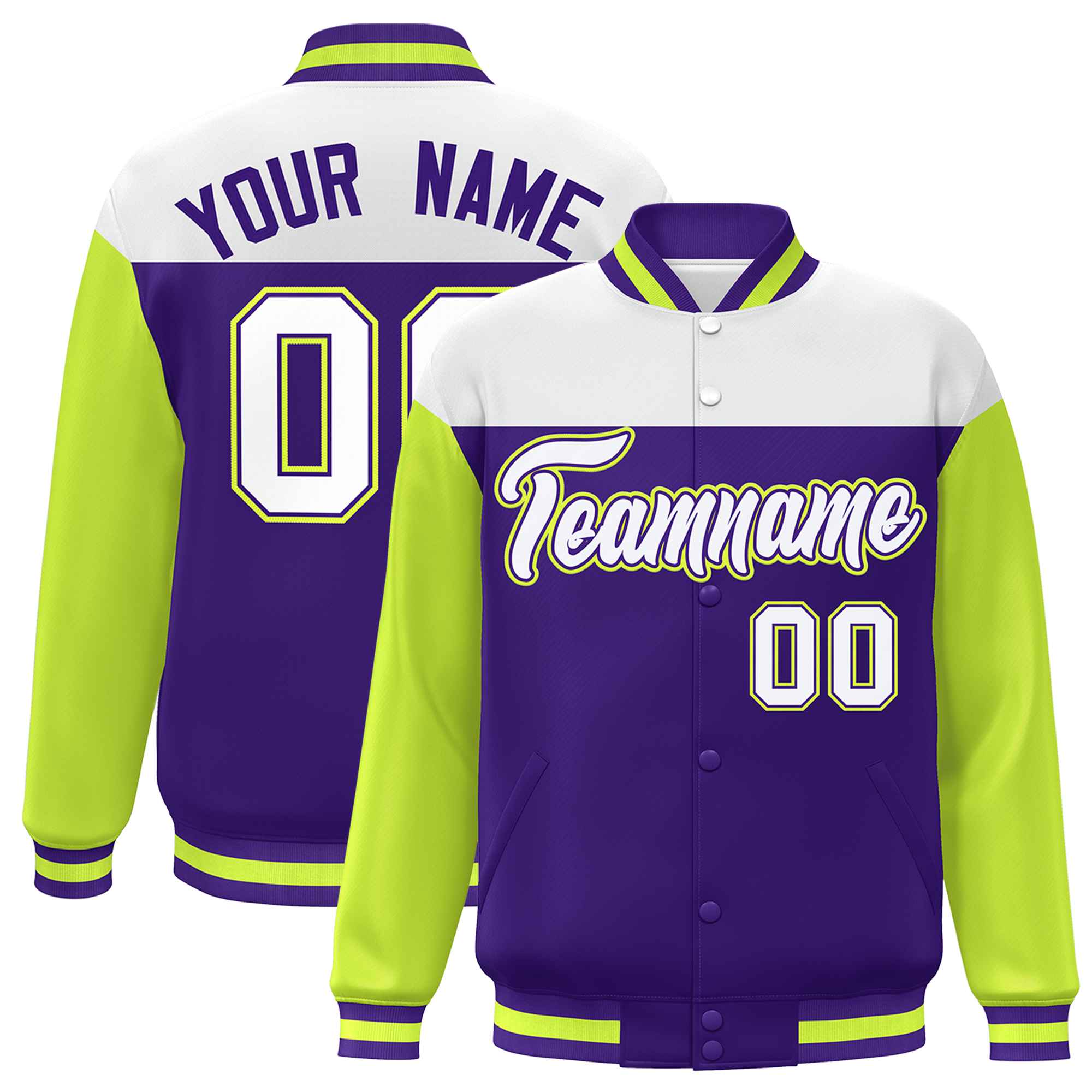 Custom White Purple-Neon Green Letterman Color Block Varsity Full-Snap Baseball Jacket