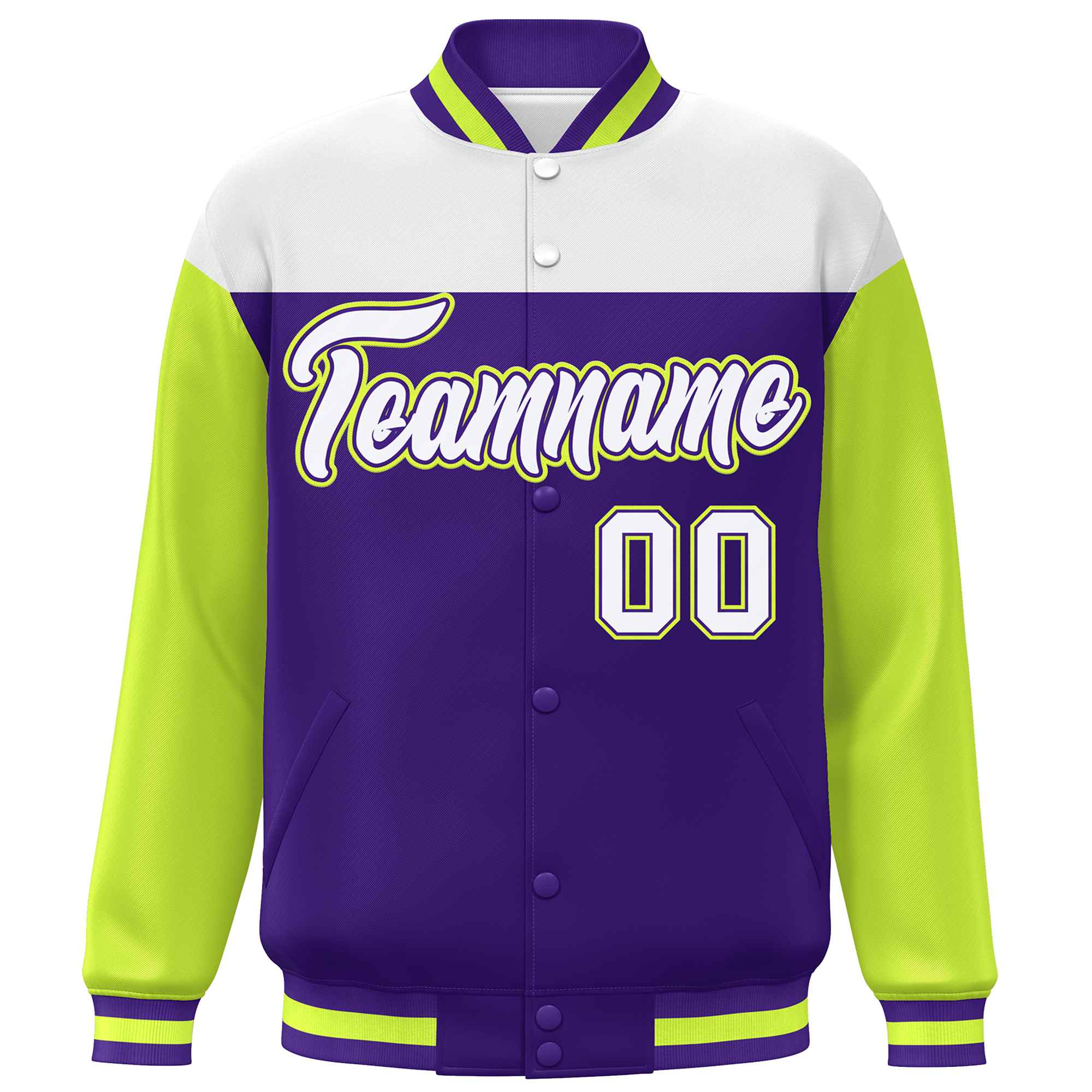 Custom White Purple-Neon Green Letterman Color Block Varsity Full-Snap Baseball Jacket