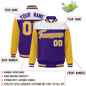 Custom White Purple-Gold Letterman Color Block Varsity Full-Snap Baseball Jacket