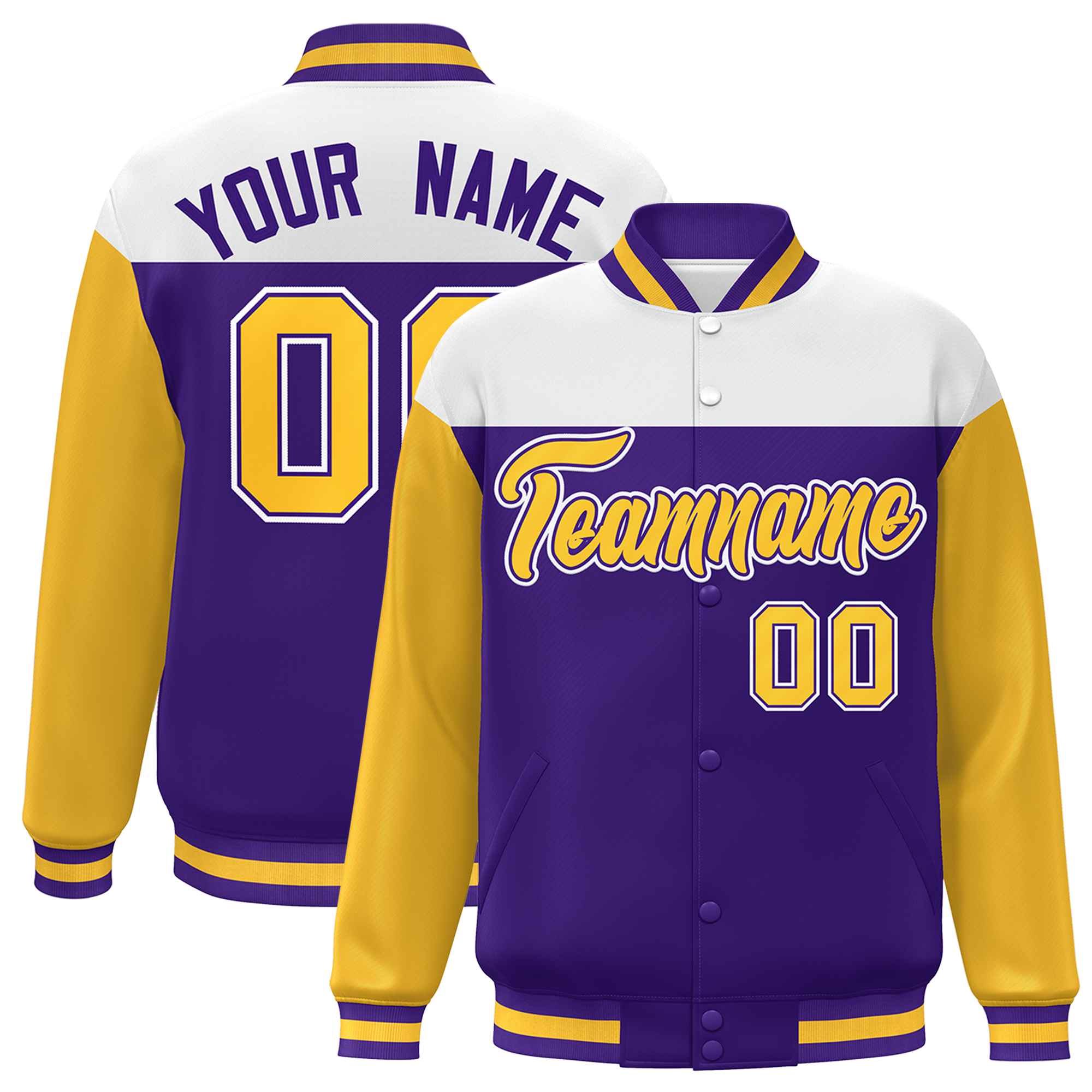 Custom White Purple-Gold Letterman Color Block Varsity Full-Snap Baseball Jacket